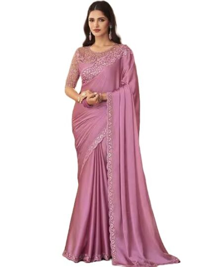 Yashika Woven Women’s Silk Embroidered Heavy Border Saree with Unstitched Blouse Material (AZ-YS-OG-Belly Pink) by VintaVool