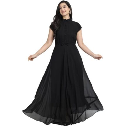 B-FASHION Georgette Mandarin Collar Short Sleeves Sleeves Long Flared Kurti Dress for Women by VintaVool