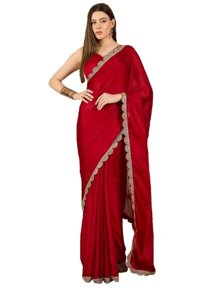 RAJESHWAR FASHION WITH RF Women’s Satin Chiffon Sequence Scalloping Border Plain Saree, Traditional Wedding Sarees For Women With Unstitched Blouse Piece by VintaVool