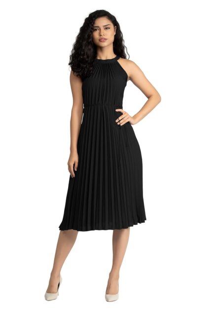 AASK Women’s Elegant Belted Pleated Sleeveess Short Dress Color by VintaVool