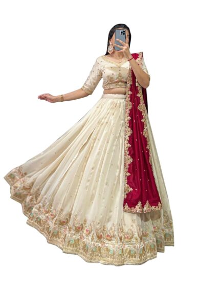MODEMIX Designer Bridal Lehenga Choli Set with Embroidered Border, Off-White and Maroon, Traditional by VintaVool