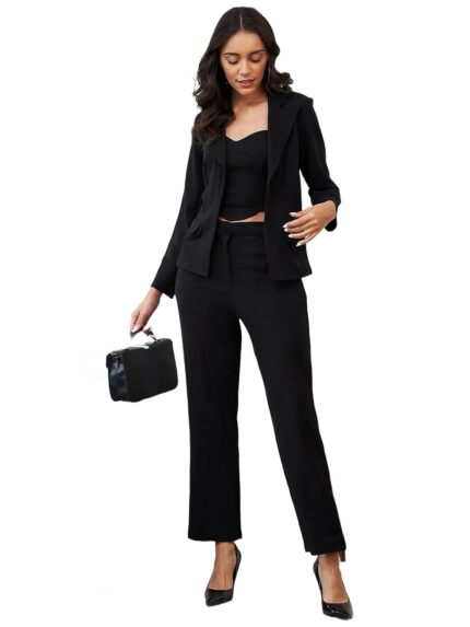 Florely Women’s Lycra Solid Three Piece Outfits Blazer Co-Ord Set Women Outdoor Wear Maxi Dress Crop top Party Dress Stylish Latest Dresses by VintaVool