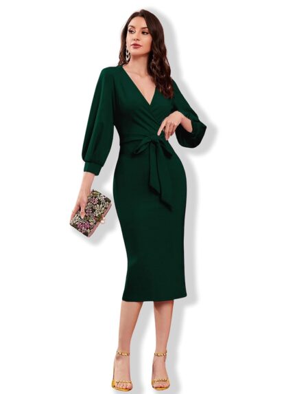 rosery paris Women V Neck fulls Sleeve one Piece Formal Black Floral Western one Piece Knee-Length Dress by VintaVool