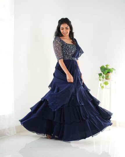infabzon Ready to Wear Lehenga Choli for Women Bollywood Style Tebby Silk Fabric On Ruffile & Daimond Work Fully Stitched with Canvas & Can Can Ateched Blue by VintaVool