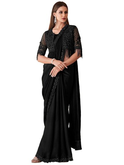 AKHILAM Women’s Georgette Embellished Saree With Unstitched Blouse Piece by VintaVool