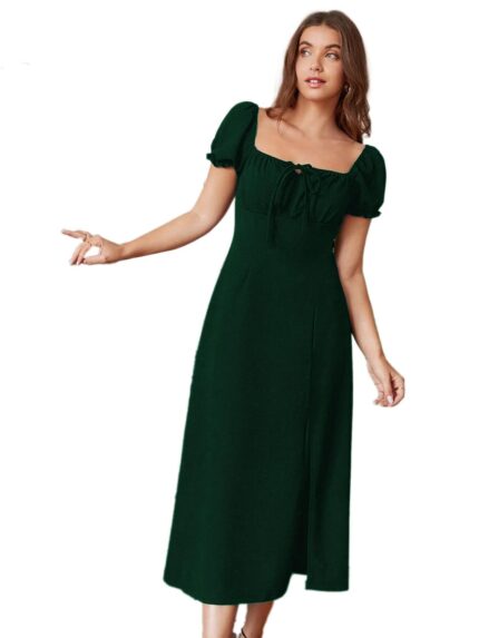 rosery paris Women’s Knee Length A-line Ruched Neck Dress Birthday Dress Casual One Piece Flared Dress for Women (Charcoal Black) by VintaVool