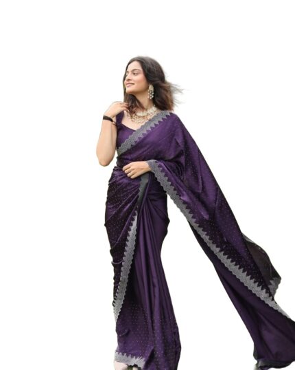 Yashika Women’s Hot Fix Solid Color Satin Moss Saree with Unstitched Blouse Material by VintaVool
