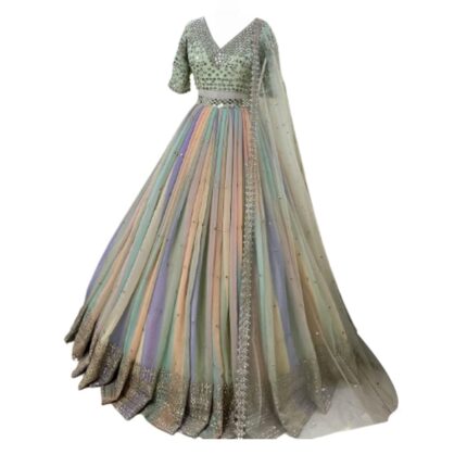 SHAFNUFAB Women’s Georgette Semi Stitched Lehenga Choli In Light Green Colour SF218246 by VintaVool