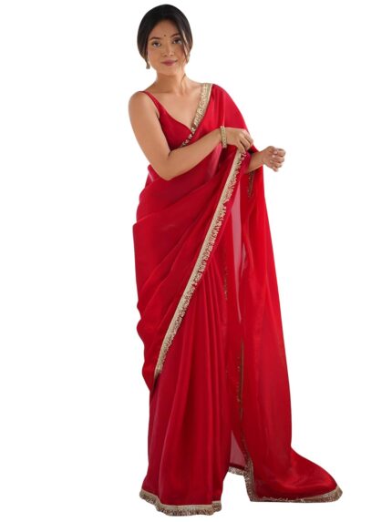 AKHILAM Women’s Shimmer Satin Solid Saree With Unstitched Blouse Piece (AARYAN14901_KR_Parent) by VintaVool