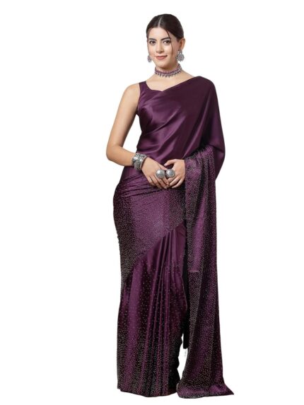 SIRIL Women’s Satin Silk Hot Fixing Stone Work Saree with Unstitched Blouse by VintaVool