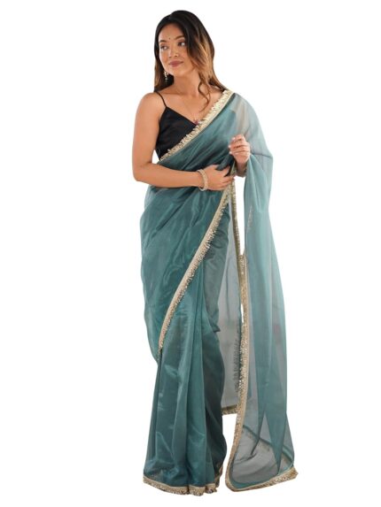 AKHILAM Women’s Shimmer Net Solid Saree With Unstitched Blouse Piece (RADHA1801_RX_Parent) by VintaVool