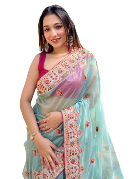 MUNIR Women’s Silver Tissue Net Beautiful Ethnic Saree With Unstiched Blouse Piece For Festival And Function by VintaVool