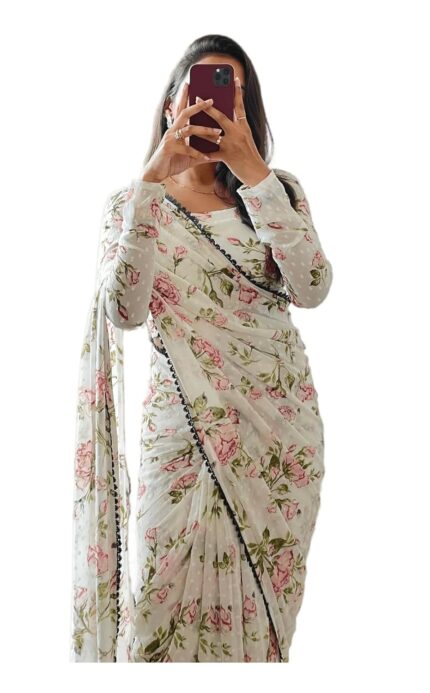 Sidhidata Women’s Georgette Digital Printed Ready To Wear one Minute Saree With Unstitched Blouse Piece by VintaVool