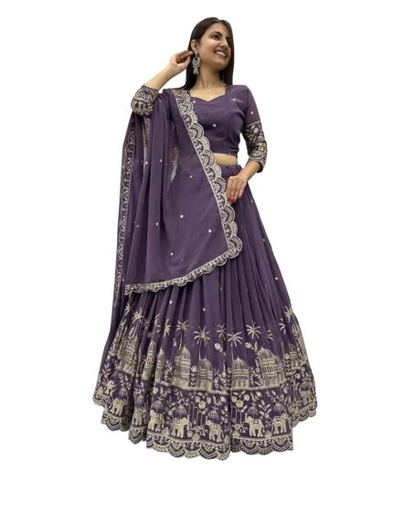 MODEMIX Designer Lehenga Choli Set, Purple Georgette with Silver Embroidery, Traditional Palace and Elephant Motifs by VintaVool