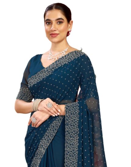 SIRIL Women’s Georgette Hot Fixing Stone Work Saree With Unstitched Blouse Piece by VintaVool