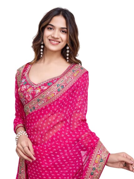 Ekasya Women Georgette Pink Geometric Pattern Printed Embroidery Saree with Unstitched Blouse (E6253_1) – Elegant and Intricate Embroidery by VintaVool