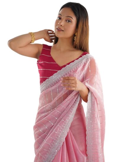 SIRIL Women’s Shimmer Chiffon Sequence Embroidery Saree With Unstitched Blouse Piece for Wedding and Parties by VintaVool
