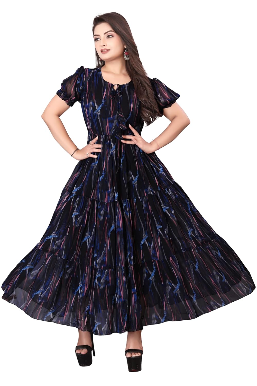 eightone Women’s Maxi Dress, Puff Sleeve, Multicolor Abstract Print, Tiered Design, Ankle Length by VintaVool eightone Women’s Maxi Dress, Puff Sleeve, Multicolor Abstract Print, Tiered Design, Ankle Length by VintaVool