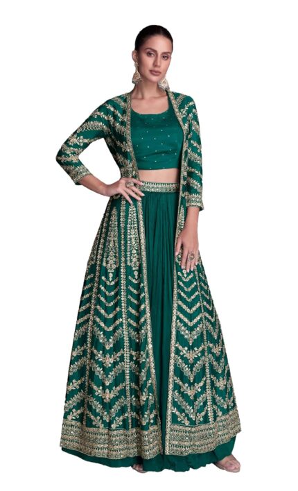 Miss Ethnik Women’s Green Chinon Stitched Top With Stitched Bottom Full Sleeve Embroidered Choli with Jacket (Lehenga Choli With Jacket) (ME-1196) by VintaVool