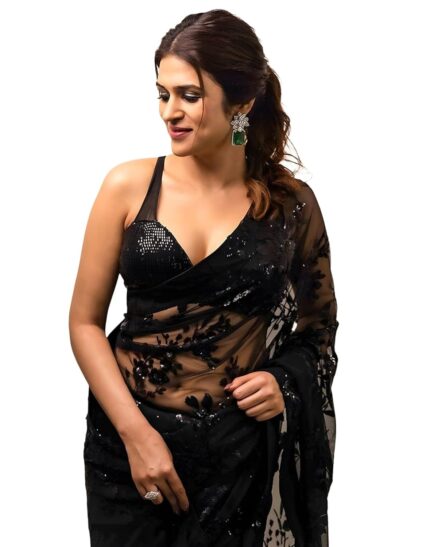 SIRIL Women’s Georgette Sequence Embroidery Lace Saree With Unstitched Blouse Piece by VintaVool