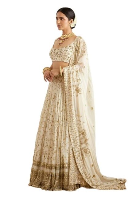 KOSTYLE Georgette Casual Stylish Zari Sequence Embroidered Semi-Stitched Lehenga Choli With Dupatta For Women (White) by VintaVool