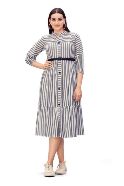Glomee Women’s Pure Cotton Striped Gather Dress with Embroidered Belt by VintaVool