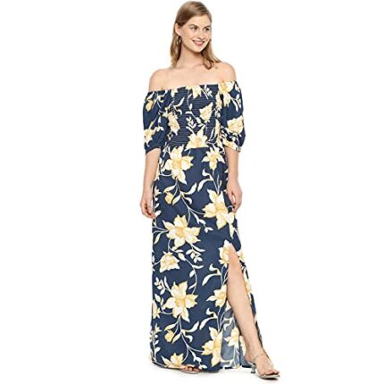 Campus Sutra Women’s Botanical Maxi Dress with Slit for Casual Wear | Off-Shoulder Neck | Short Sleeve | Pull On Closure | Polyester Dress Crafted with Comfort Fit for Everyday Wear by VintaVool