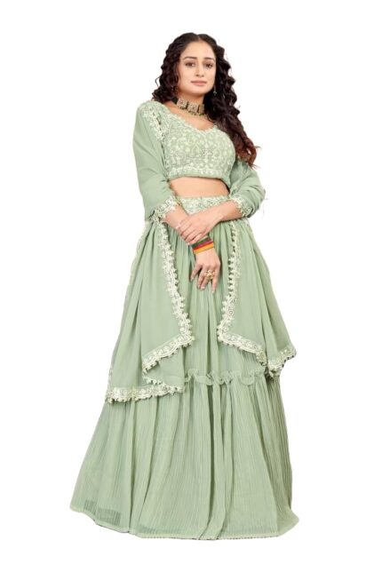 Faux Georgette Omkar Textile’s Sea Green Color Readymade Lehenga Choli With Dupatta Set For Women For Party, Wedding, Festive, Free Size by VintaVool