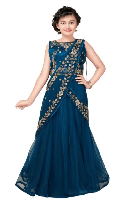 White Button Girls Polyester Blend New Stone And Embroidery Work Half Saree Styled Kids Readymade Lehenga Choli by VintaVool