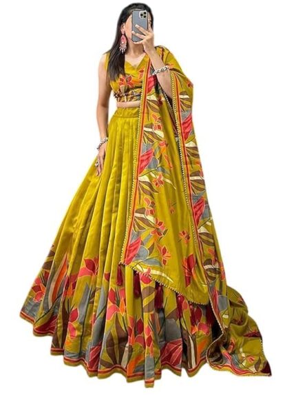 shree crialion Women’s Trending Designeer Tussar Silk Lehenga Choli Print with Foil Work With Unstitched Blouse Patola Print Adorned with Foil Work For Navrati || Wedding by VintaVool