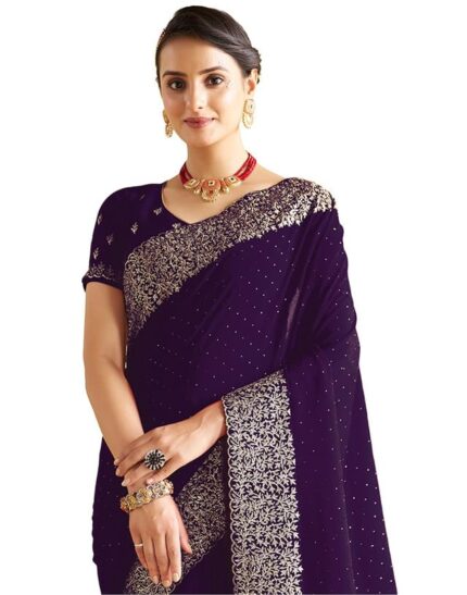 SIRIL Women’s Vichitra Silk Hot Fixing Embroidery Border Saree With Unstitched Blouse Piece by VintaVool