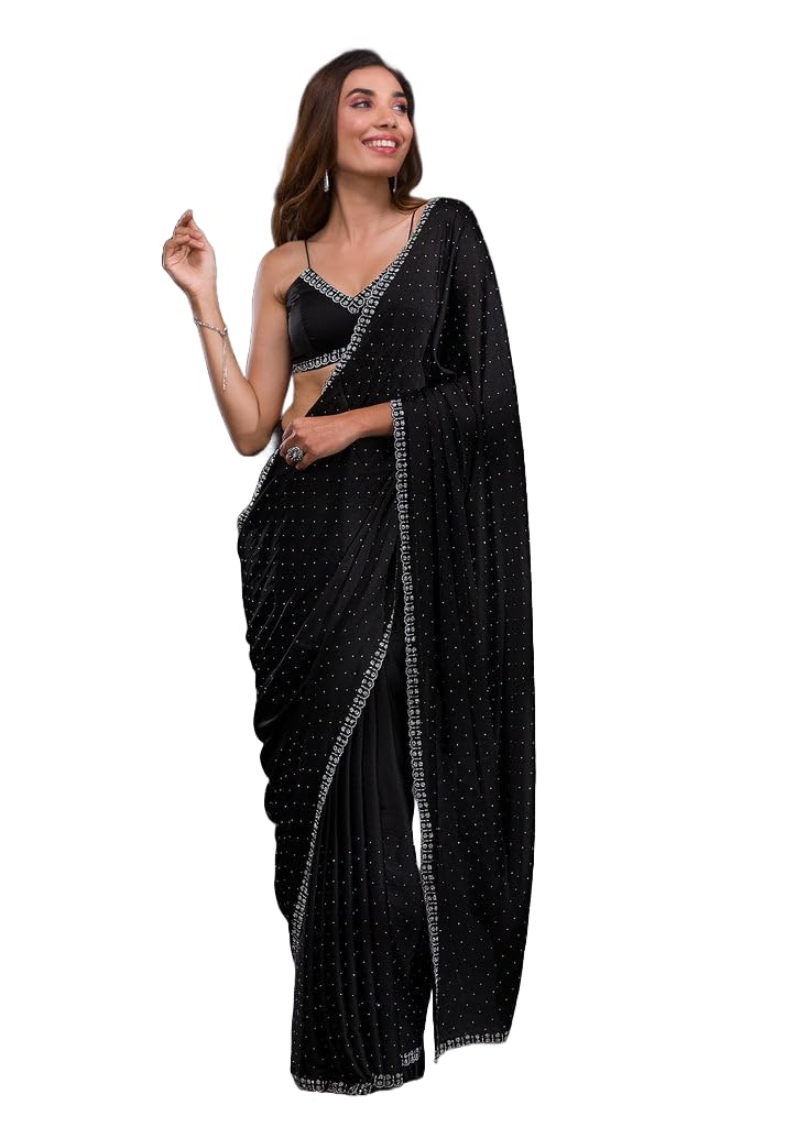 Yashika Women’s Hot Fix Solid Color Satin Moss Saree With Unstitched Blouse Material by VintaVool Yashika Women’s Hot Fix Solid Color Satin Moss Saree With Unstitched Blouse Material by VintaVool