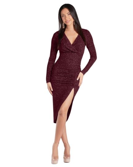 ADDYVERO V-Neck Long Sleeve Lurex Gliter Solid Front Slit Front Ruched Seam Bodycon Above Knee Length Women Dress by VintaVool