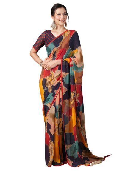 Satrani Women’s Georgette Printed Saree with Unstitched Blouse Piece by VintaVool