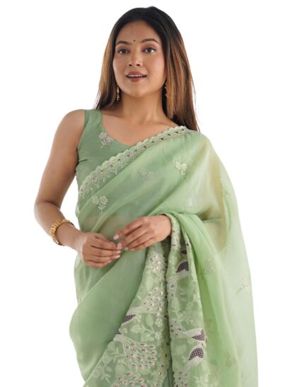 SIRIL Women’s Silk Blend Sequence Embroidery Saree With Unstitched Blouse Piece for Wedding and Parties by VintaVool