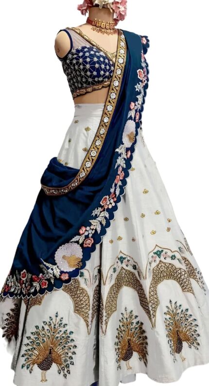 SHYAMLATA Women’s White Embroidered Satin Silk Semi-Stitched Lehenga Choli For Women I Designer I New I Bridal I Bollywood I Letest I Stylish I Lehenga For Women by VintaVool