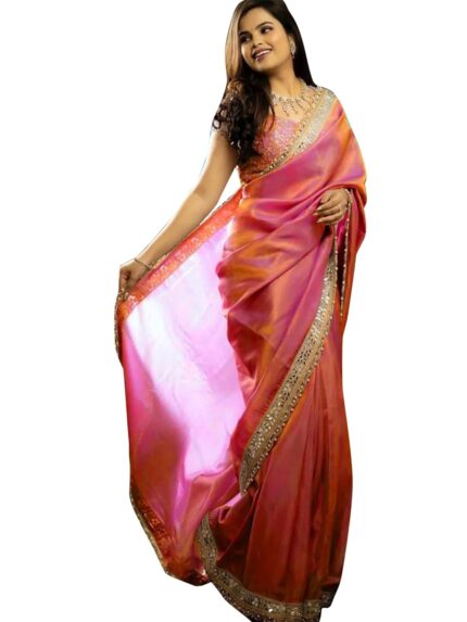 AKHILAM Women’s Tissue Lace Work Saree with Unstitched Blouse Piece by VintaVool