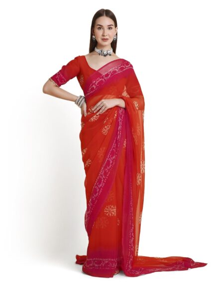 RATAN Women’s Chiffon Batik Printed Tie-Dye Saree with Running Blouse Piece by VintaVool