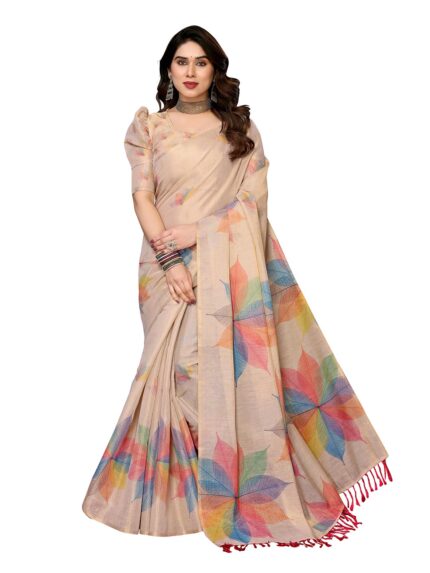 Yashika Women’s Chanderi Floral Digital Print Chandheri Saree with Unstitched Blouse Material by VintaVool