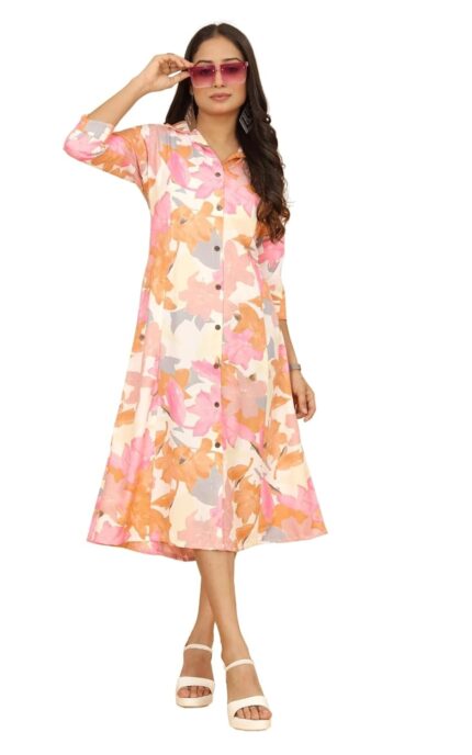 KESUDI A Line Dresses for Women Western Latest – Rayon Floral One Piece Dress for Women Long | Stylish Flared Shirt Roll Tab Sleeve | Knee Length Frock Midi Maxi Dress | Wear as Beach, Party & Summer by VintaVool