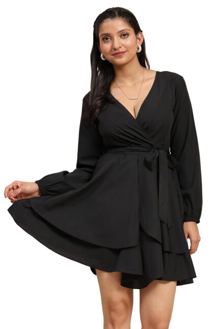 TRENDMALLS Women’s Crepe Short Western Deep V-Neck Long Sleeve Waist Tie Ruffle Mini Swing Skater Dresses by VintaVool