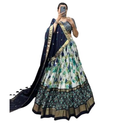 Dream Crushers Art Women,s Tussar Silk With Leheriya And Foil Print Lehenga choli Set Women’s Organza Floral White Semi-Stitched Lehenga Choli by VintaVool