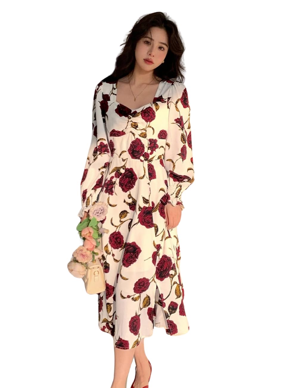 VastraVibes Rayon Floral Printed Dress for Women | Casual, Party, Travel & Office wear | White Color Full Sleeve midi (VVD-72-XL) Below The Knee by VintaVool VastraVibes Rayon Floral Printed Dress for Women | Casual, Party, Travel & Office wear | White Color Full Sleeve midi (VVD-72-XL) Below The Knee by VintaVool