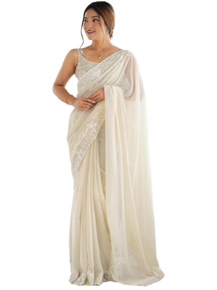 AKHILAM Women’s Georgette Embellished Saree With Unstitched Blouse by VintaVool