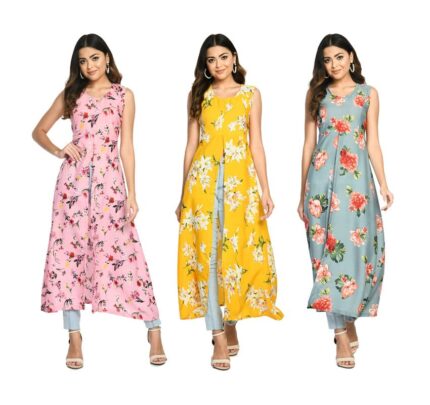 IndiWeaves Digital Printed Straight Dresses for Women (Pack of 3) Pink::Yellow::Grey by VintaVool