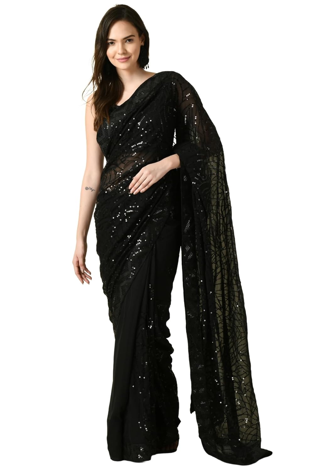 SWADESI STUFF Black Heavy Georgette Sequence Work Saree with Banglory Silk Blouse – Elegant Indian Ethnic Wear for Women $ by VintaVool SWADESI STUFF Black Heavy Georgette Sequence Work Saree with Banglory Silk Blouse – Elegant Indian Ethnic Wear for Women $ by VintaVool