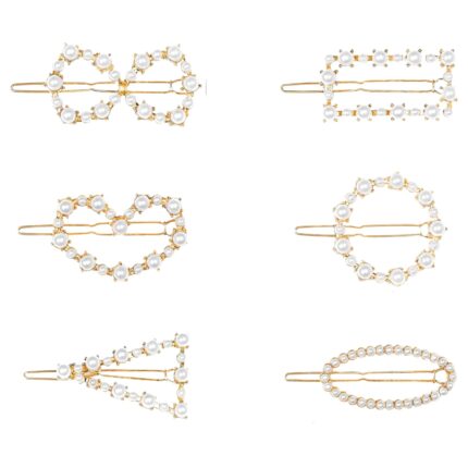 ANNACREATIONS Korean Style Gold Metal Pearl Geometric Stone Lock Hair Pins Hair Clip Hair Accessories Jewellery for Women And Girls (Pack of 6 Pcs) by VintaVool