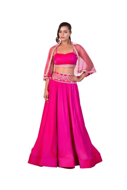 The Behruz Theory Hot Pink Hand-Embroidered Cape Lehenga Set by VintaVool