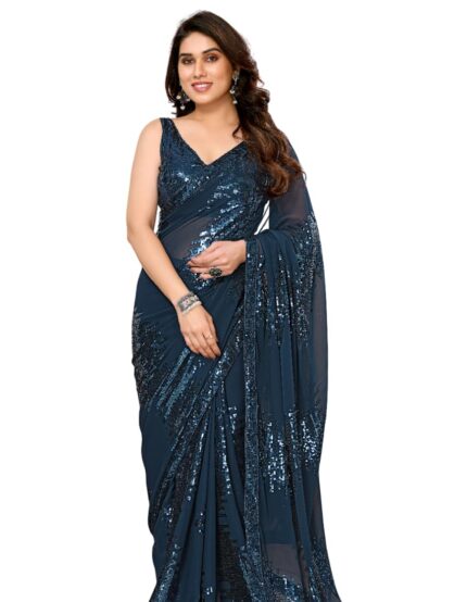 Ekasya Women Georgette with Sequence Ready to Wear Saree – Elegant Blush Design, Intricate Sequence Work, Perfect for Weddings, Parties, and Special Occasions, Stylish & Comfortable Fit by VintaVool