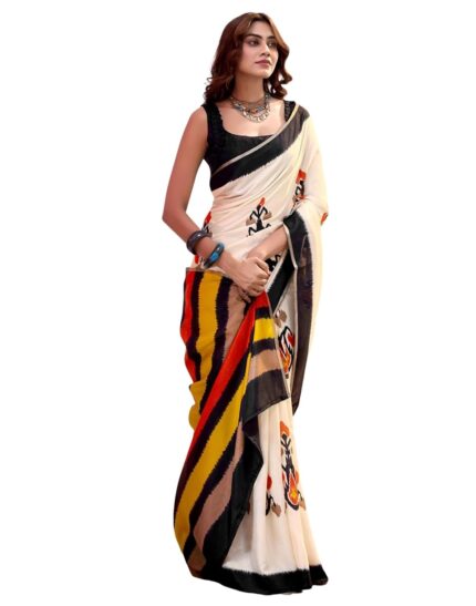 SIRIL Women’s Cotton Silk Ikkat Printed Saree With Unstitched Blouse Piece by VintaVool